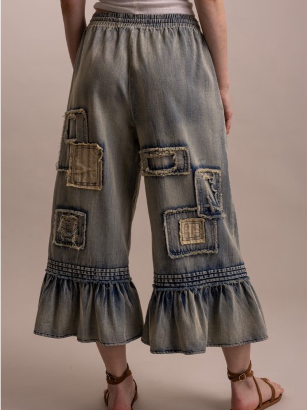 Bluevelvet washed denim embroidered patchwork ruffle bohemian floral pants - Picture 3 of 5